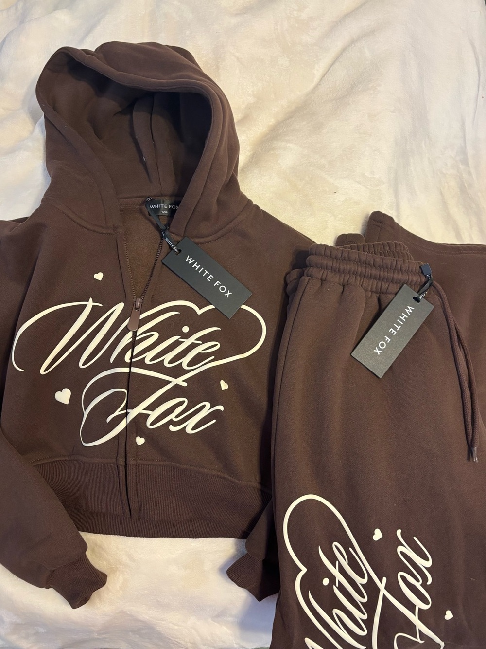 White Fox Love You Regardless Brown Cropped Hoodie and Wide Leg Pants Set S/SM